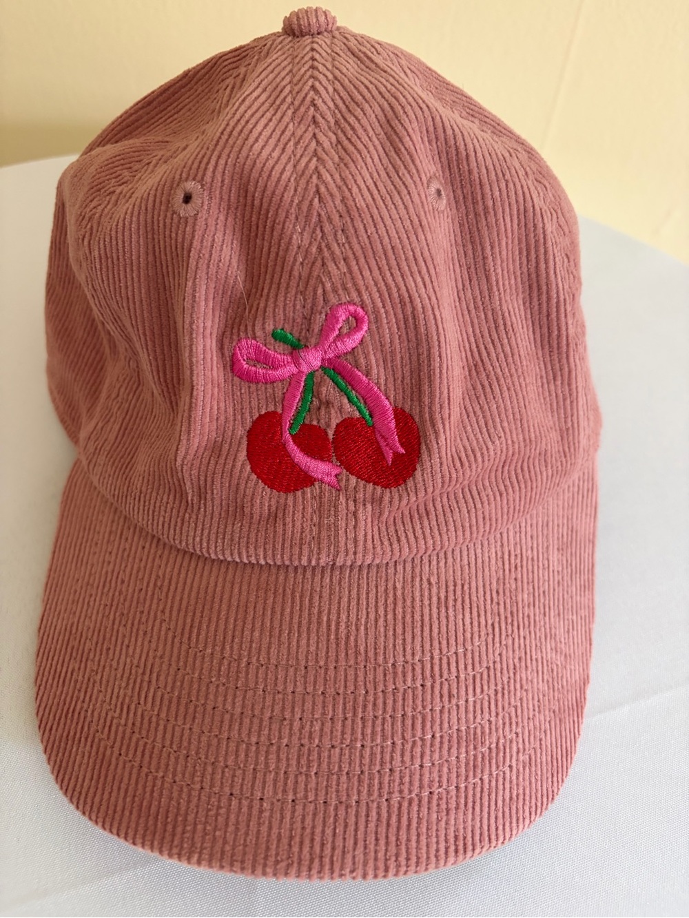 Corduroy Pink Cherry Embroidered Baseball Cap